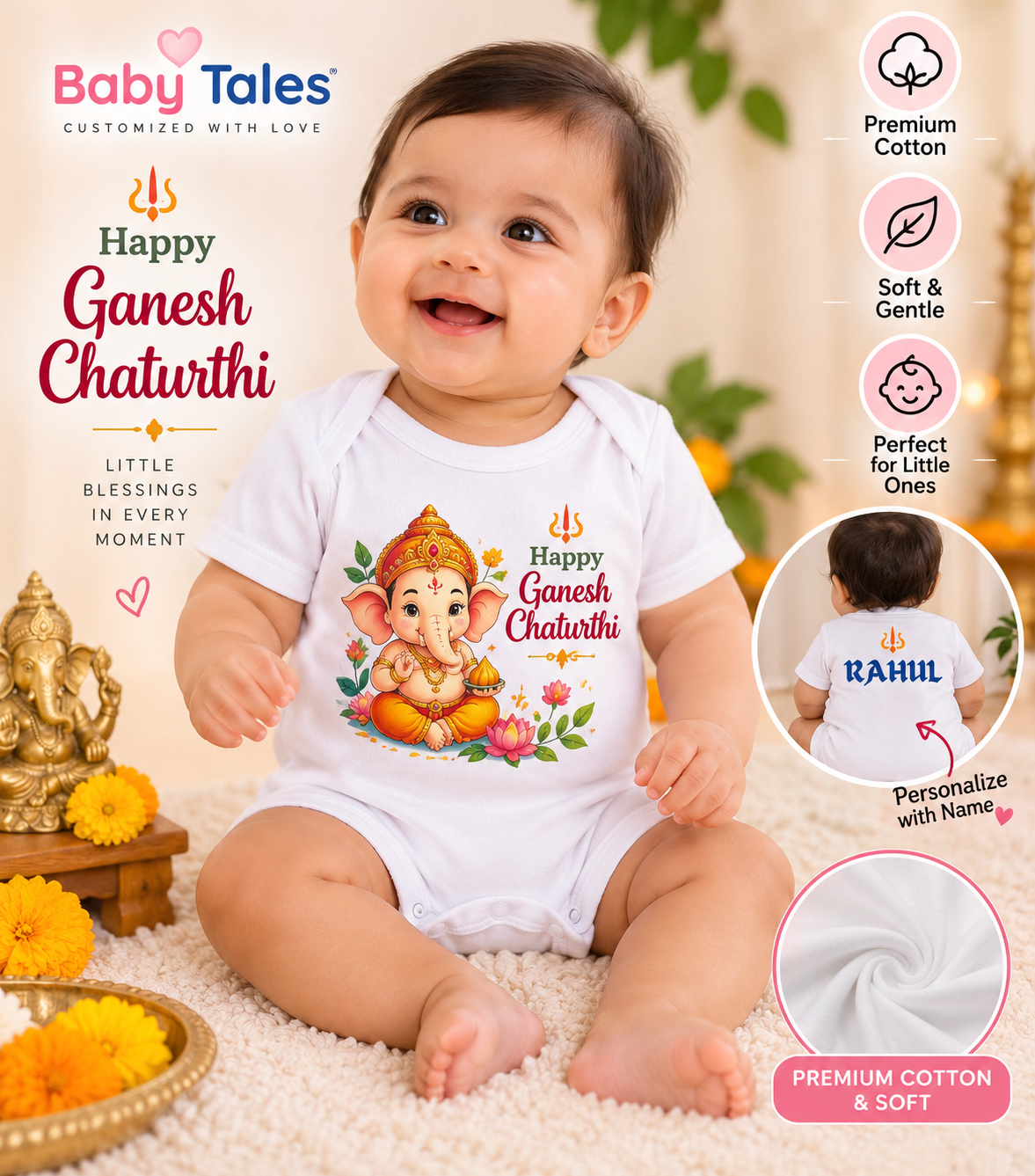 Personalized Baby Ganesh Chaturthi Half Romper | Premium Cotton & Soft