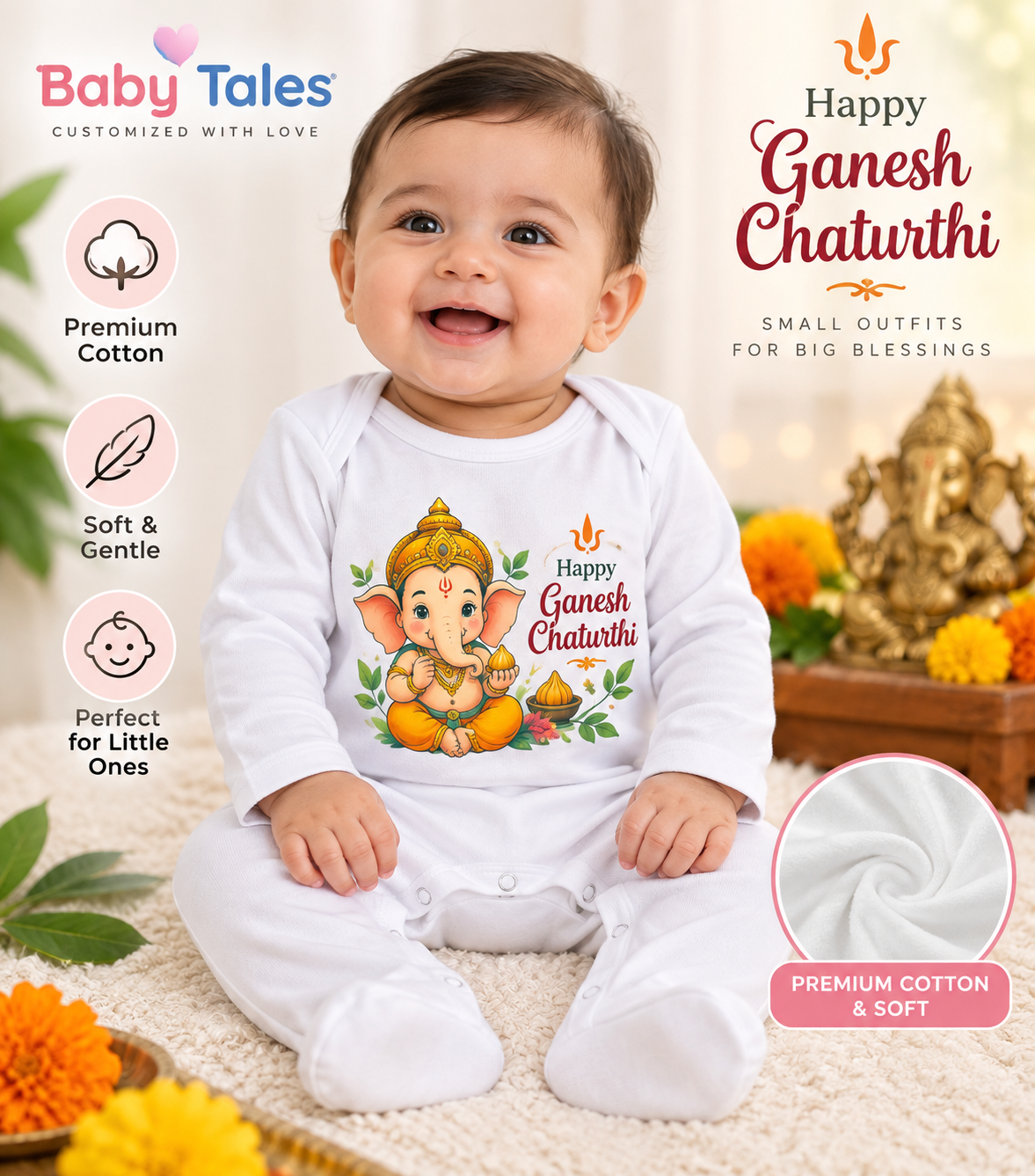 Personalized Baby Ganesh Chaturthi Full-Sleeve Jumpsuit | Premium Cotton & Soft